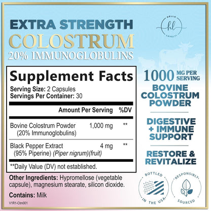 Hello Lovely! Bovine Colostrum Supplement - 1000mg, 20% Immunoglobulins - 60 Capsules