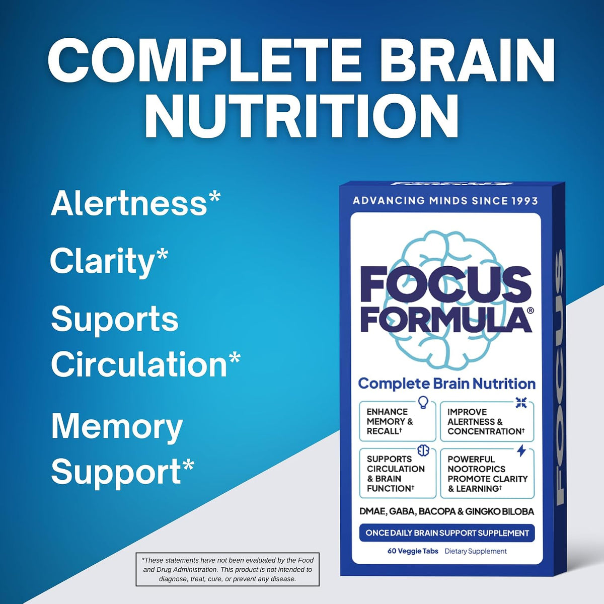Focus Formula Nootropic Brain Supplement, Focus Capsules for Concentration, Supports Energy, Brain Booster with GABA, DMAE and BACOPA, Memory Support Supplement, Cognitive Support, 60 Vegetable Tablets - görsel 3