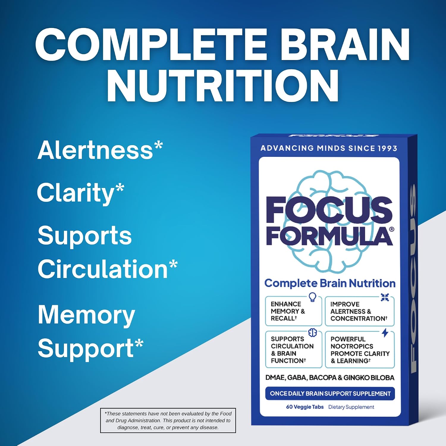 Focus Formula Nootropic Brain Supplement, Focus Capsules for Concentration, Supports Energy, Brain Booster with GABA, DMAE and BACOPA, Memory Support Supplement, Cognitive Support, 60 Vegetable Tablets - görsel 3