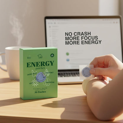 B12 Vitamin Energy Patches with Caffeine, Green Tea Extract & Guarana (30 Patches) – 12-Hour Plant-Based Energy Boost | with Vitamins B6 & B3