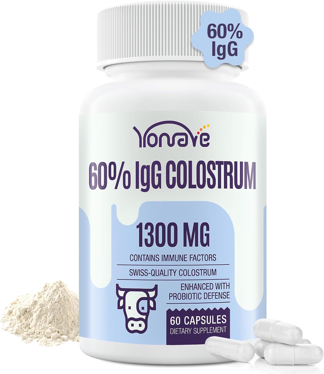 Yonrave Bovine Colostrum Capsules 1300mg - Extra High 60% IgG - Immune, Gut, Bone & Exercise Support - 60 Capsules - görsel 1