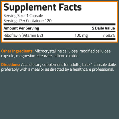 Bronson Vitamin B2 (Riboflavin) 100mg, 120 Vegetarian Capsules