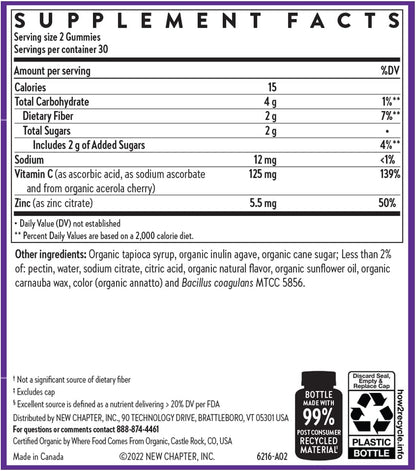 New Chapter Vitamin C+ Gummies – 35% Less Sugar, Immune Support, Citrus Flavoured, 60ct