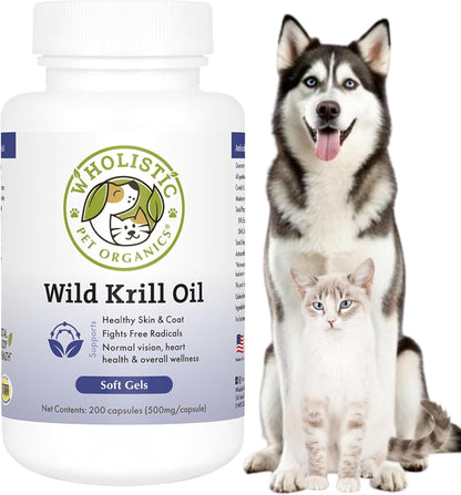 Krill Oil for Dogs and Cats - Premium Antioxidant Support for Pets - Cat and Dog Skin and Coat Supplement with EPA, DHA, Astaxanthin - Omega-3 for Dogs and Cats - 200 Softgels