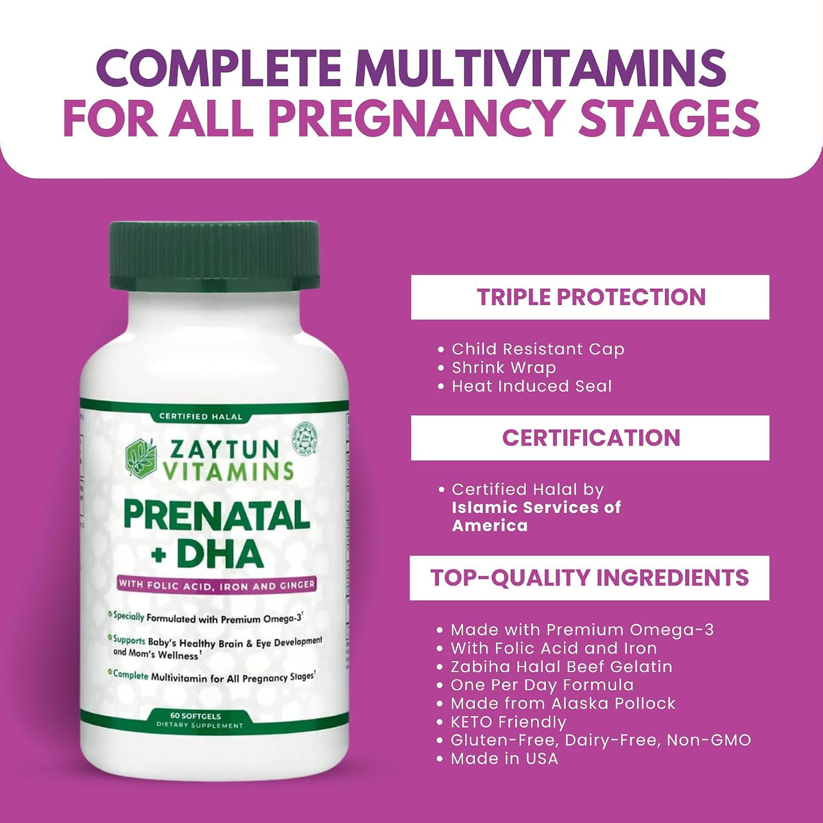 Zaytun Vitamins Halal Prenatal Vitamins + DHA - 60 Softgels (2 Months' Supply) - görsel 7