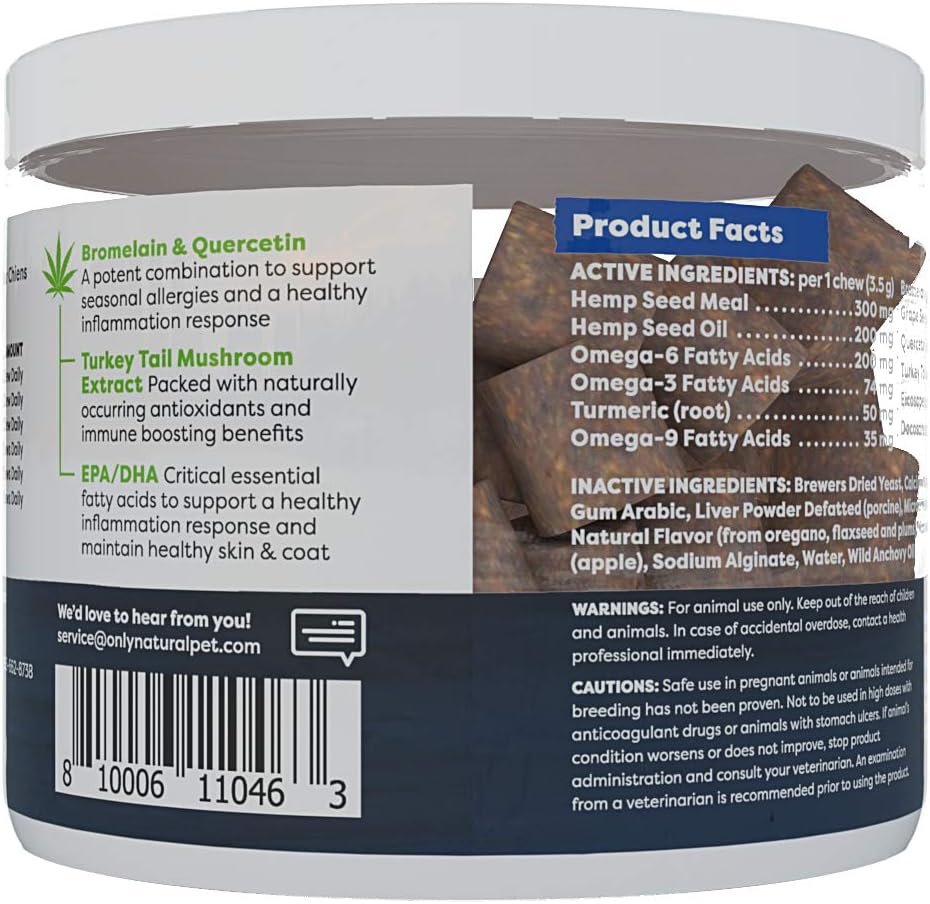 Only Natural Pet Allergy, Skin & Coat Hemp Soft Chews - Allergy Immune Bites for Dogs, Omega-3 Supplement, Calming Treats for Itchy Skin Relief, Hot Spot - (60 Chews) - görsel 8