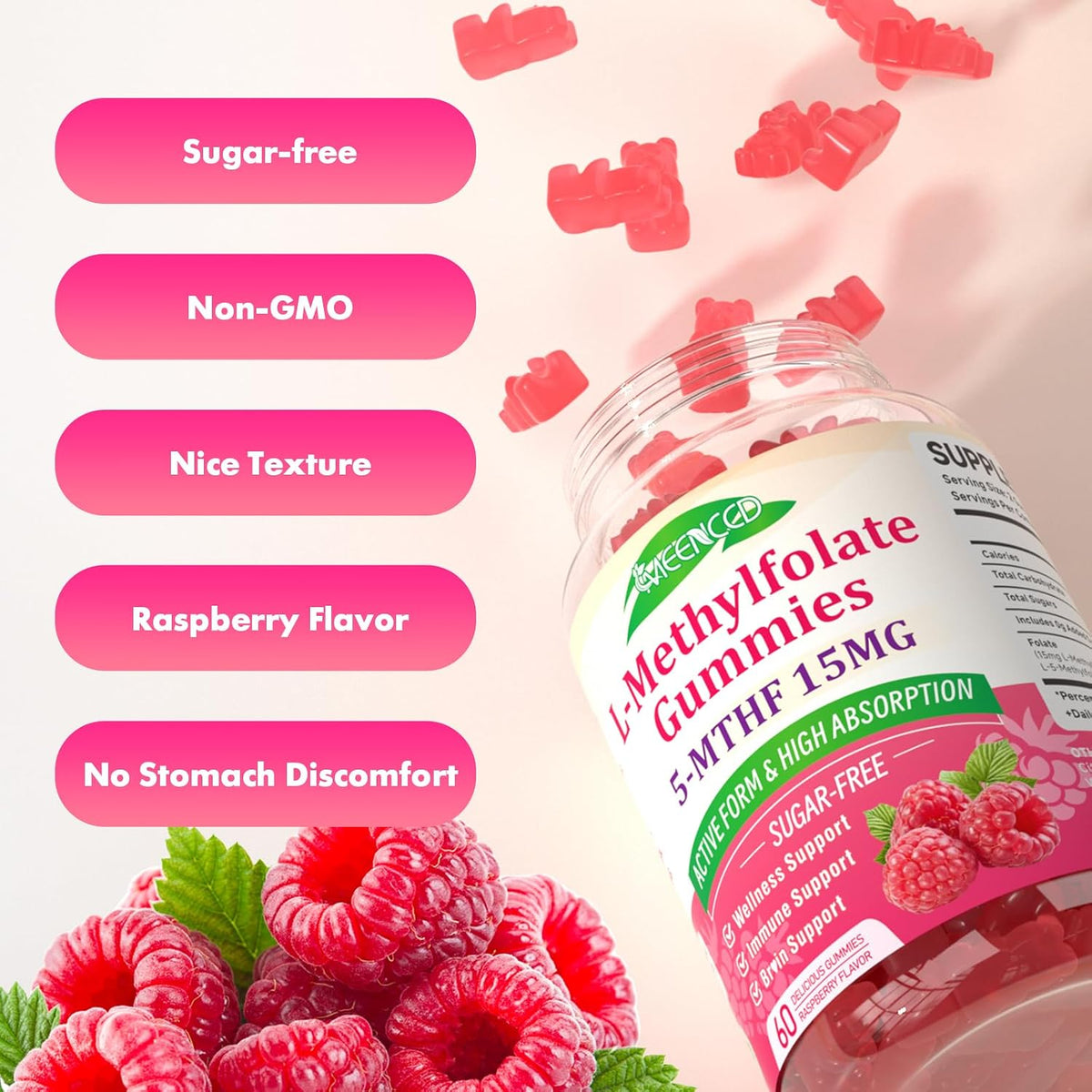 MEENCCD 2 Pack L-Methylfolate Gummies - Active 5-MTHF Supplement - Vegan, Raspberry Flavour (120 Count) - görsel 6