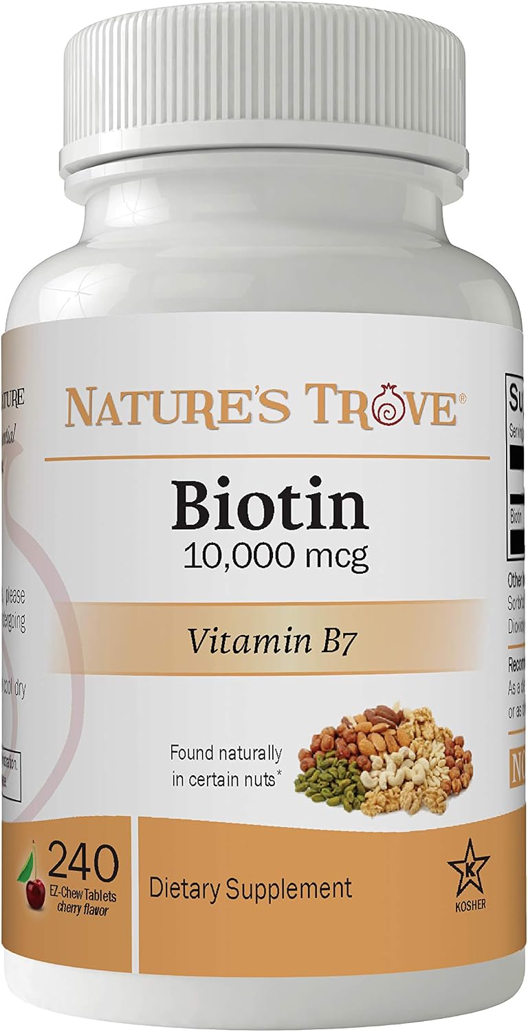 Nature's Trove Biotin 10,000 mcg Chewable Tablets, Cherry Flavour - 240 Easy Chew Tablets - görsel 1
