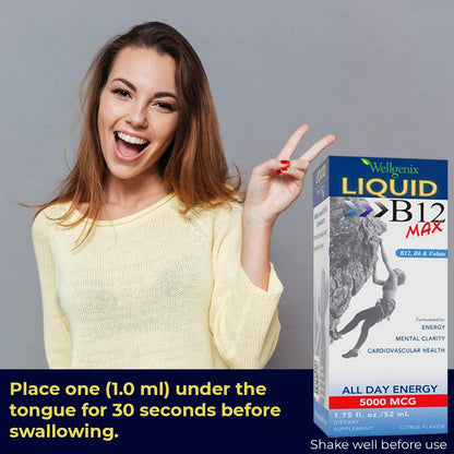 Wellgenix B12 Max Liquid - Sublingual Vitamin B12, B6 & Folic Acid Supplement (2 Pack)