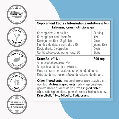 Supersmart Dragonhead Extract 200mg per Day (Patented DracoBelle) - Non-GM & Gluten-free - 60 Vegetarian Capsules