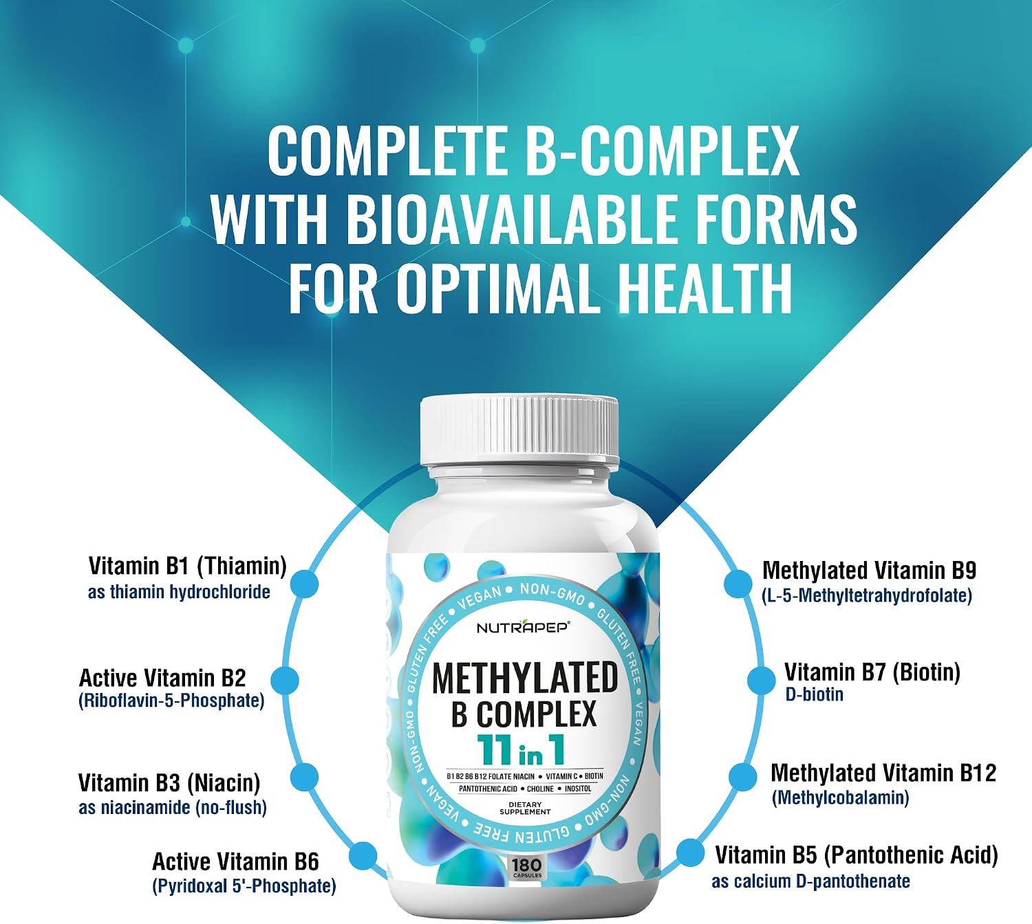 NutraPep Methylated B-Complex Vitamins - Complete Methyl B Complex Multivitamin with Bioactive B9 5-MTHF B6 B12 - MTHFR Support Supplement for Brain, Heart & Energy - Vegan, Gluten-free, Sugar Free - görsel 4