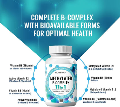 NutraPep Methylated B-Complex Vitamins - Complete Methyl B Complex Multivitamin with Bioactive B9 5-MTHF B6 B12 - MTHFR Support Supplement for Brain, Heart & Energy - Vegan, Gluten-free, Sugar Free