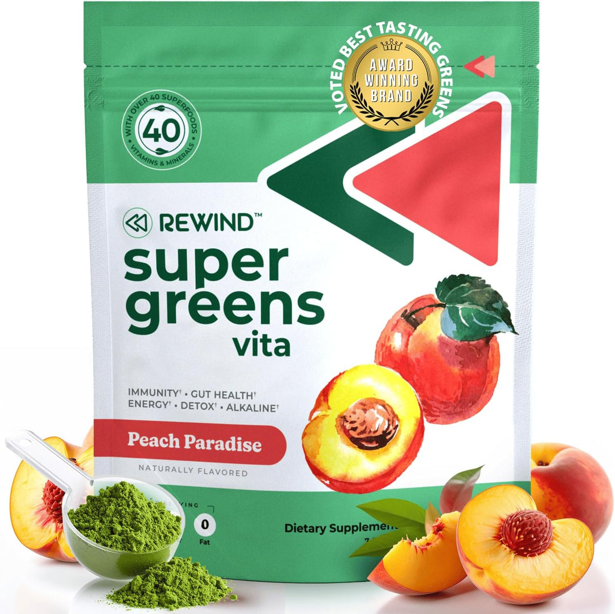 Rewind Best Tasting Super Greens Powder – Peach Flavour (40+ Superfoods, Vitamins & Minerals) - görsel 1