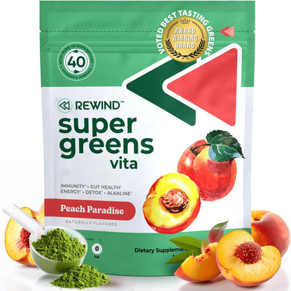 Rewind Best Tasting Super Greens Powder – Peach Flavour (40+ Superfoods, Vitamins & Minerals)