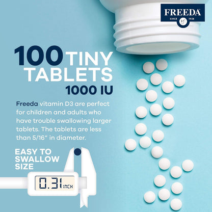 FREEDA Vitamin D3 1000 IU – Pure High Potency Kosher Supplement Tablets for Bone, Muscle and Immune Support – 100 Tablets