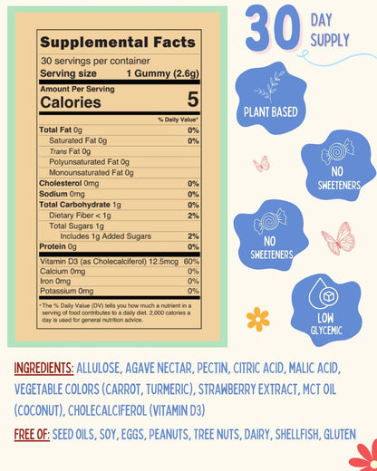 Krunchy Kids Vitamin D3 Gummies for Children 2+ – Clean Ingredients Strawberry Gummies, Vegan & Non-GMO, Low Glycaemic Vitamin D Supplement for Immune & Bone Support, 30 Count