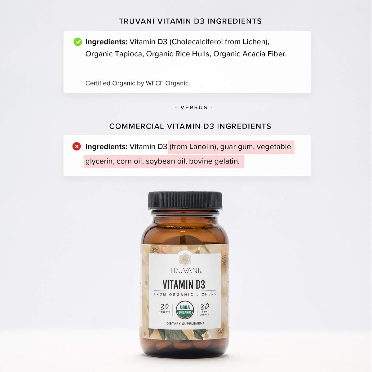 Truvani Organic Vitamin D3 - Plant-Based, USDA Organic, Gluten-Free, Non-GMO, Vegan D3 Supplement - Supports Normal Bone, Immune & Muscle Function - 30 Tablets - görsel 4
