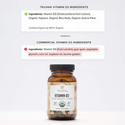 Truvani Organic Vitamin D3 - Plant-Based, USDA Organic, Gluten-Free, Non-GMO, Vegan D3 Supplement - Supports Normal Bone, Immune & Muscle Function - 30 Tablets