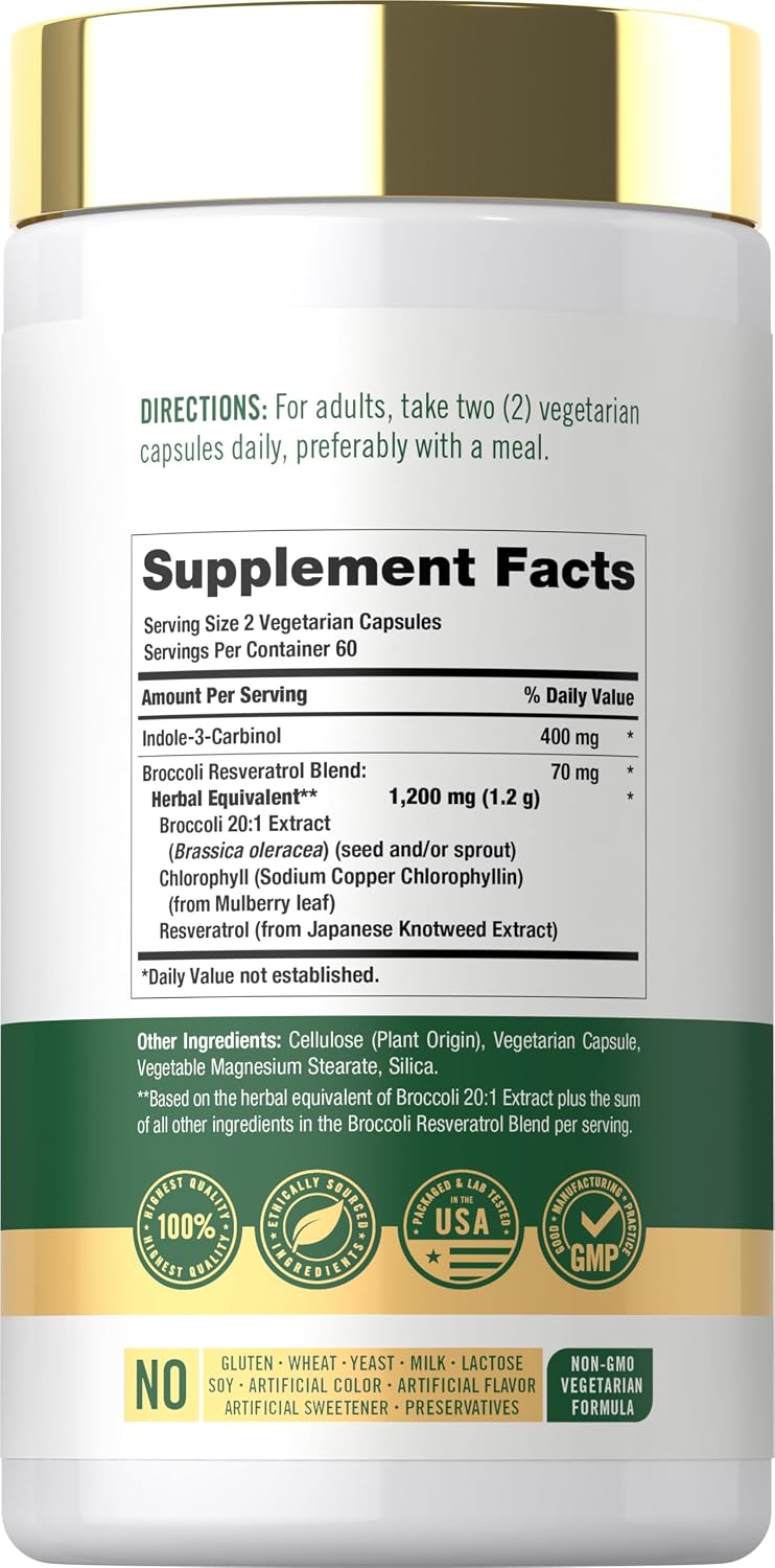 Carlyle Indole-3-Carbinol 400 mg Supplement – 120 Capsules with Broccoli & Resveratrol Blend - görsel 2