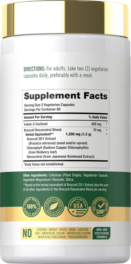 Carlyle Indole-3-Carbinol 400 mg Supplement – 120 Capsules with Broccoli & Resveratrol Blend