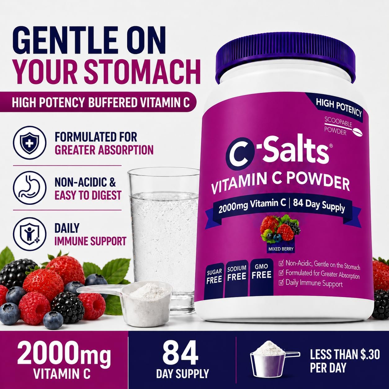 C-Salts Buffered Vitamin C Powder – Organic, Stomach-Friendly Vitamin C Drink – Mixed Berry, 227g (84 Servings) - görsel 3