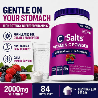 C-Salts Buffered Vitamin C Powder – Organic, Stomach-Friendly Vitamin C Drink – Mixed Berry, 227g (84 Servings)
