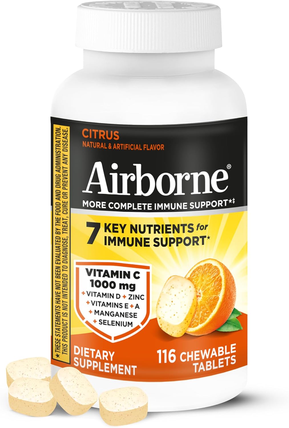 Airborne Citrus Chewable Tablets, 116ct – Food Supplement with 1000mg Vitamin C, Vitamins A, D, E, Zinc, Selenium, Manganese, and Herbal Blend – Gluten-free - görsel 1