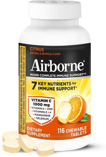 Airborne Citrus Chewable Tablets, 116ct – Food Supplement with 1000mg Vitamin C, Vitamins A, D, E, Zinc, Selenium, Manganese, and Herbal Blend – Gluten-free