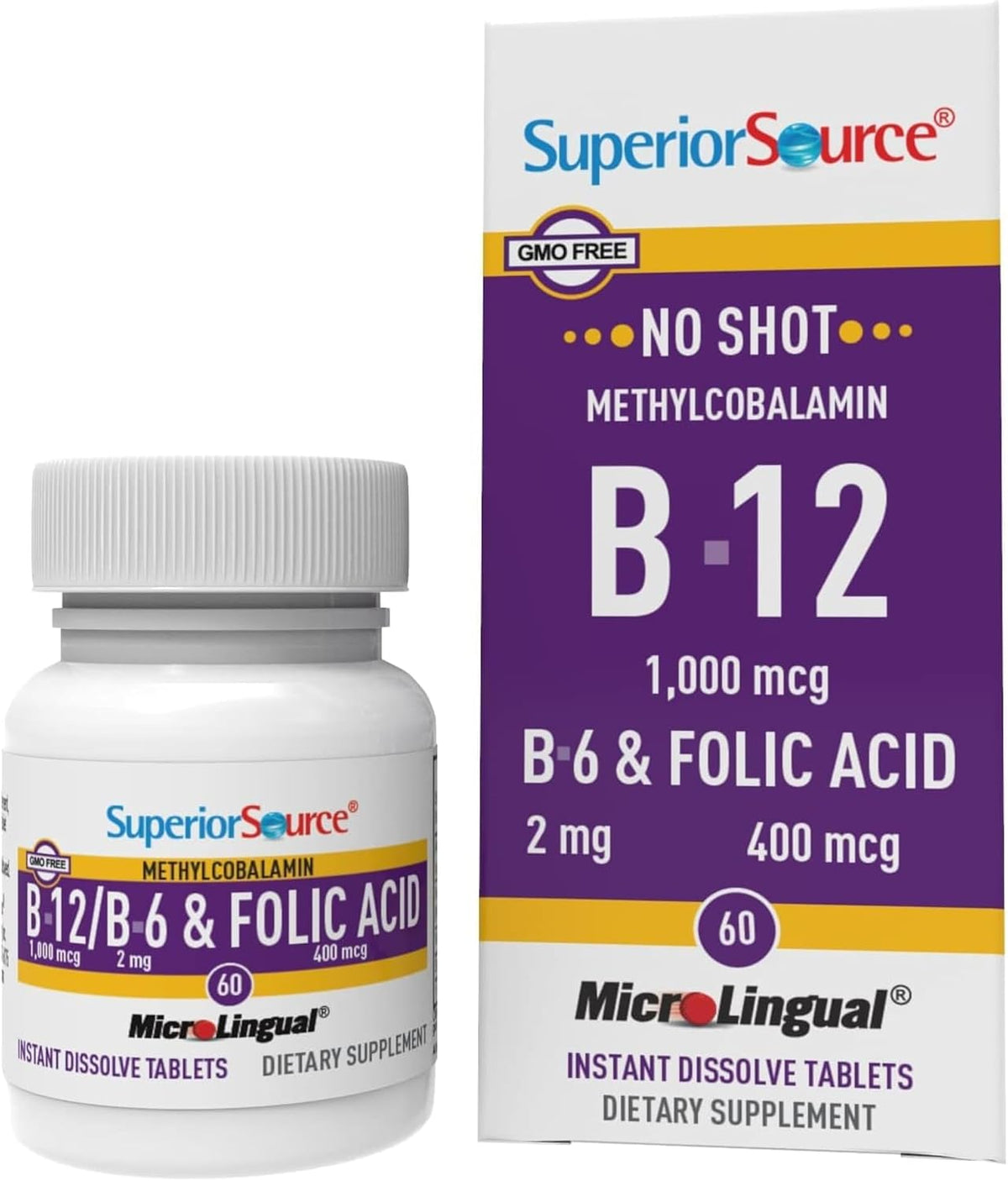 Superior Source No Injection Vitamin B12 Methylcobalamin 1000 µg with B6 & Folic Acid, 60 Sublingual Tablets - görsel 1