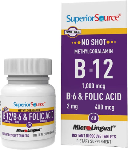 Superior Source No Injection Vitamin B12 Methylcobalamin 1000 µg with B6 & Folic Acid, 60 Sublingual Tablets