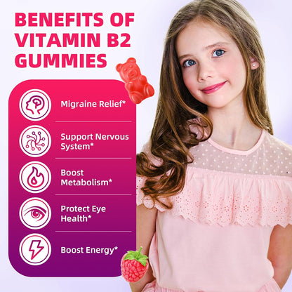 VCCHUYH Vitamin B2 Gummies 400mg – Riboflavin with Magnesium – Vegan, Non-GMO, Raspberry Flavour – 120 Gummies