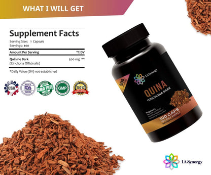 LA Synergy Quinine Quina Capsules 500mg – Cinchona Red Bark Herbal Food Supplement, 100 Capsules