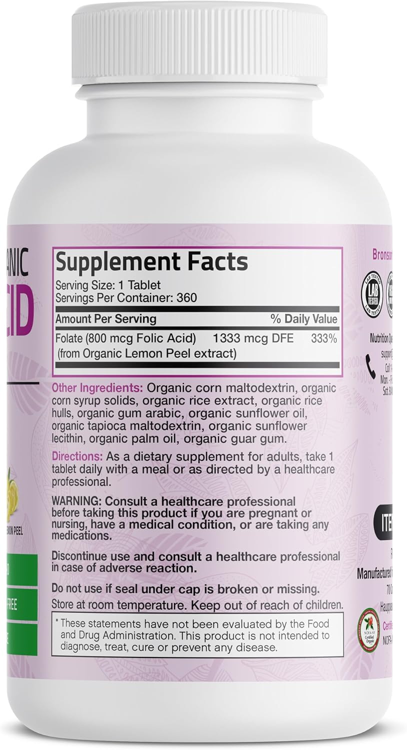 Bronson Organic Folic Acid (Vitamin B9 Folate) 800 mcg – 360 Tablets - görsel 2