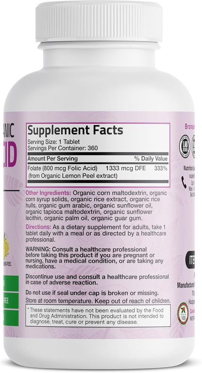 Bronson Organic Folic Acid (Vitamin B9 Folate) 800 mcg – 360 Tablets