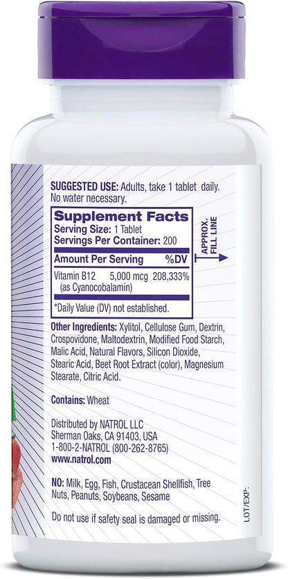 Natrol B12 5000 µg Fast Dissolve Tablets, Energy Metabolism Support, 200 Count