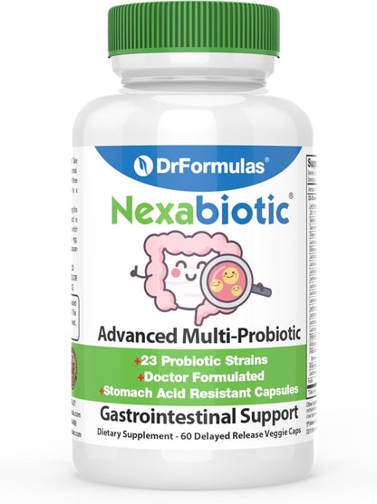 DrFormulas Nexabiotic Multi-Probiotic for Women and Men - 23 Strains with Saccharomyces Boulardii, Lactobacillus Acidophilus, Bifidobacterium Longum, Prebiotic - 60 Delayed-Release Capsules