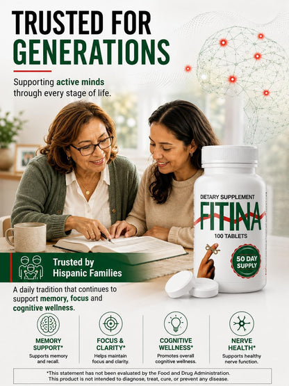 Fitina Brain Supplement – High-Dose B Vitamins for Memory and Focus, 100 Tablets (50 Servings)