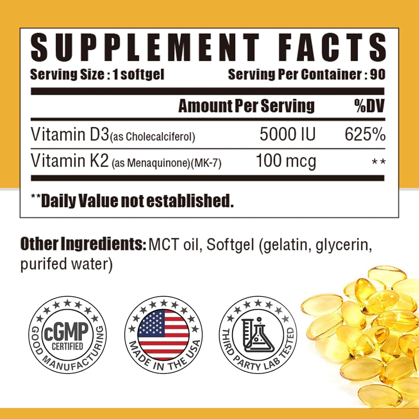 NUTRI POTENTIA Vitamin D3 K2 Supplement with MCT Oil - 5000 IU D3, 100 mcg K2 (MK-7) - Bone and Immune Health Support - 90 Soft gel capsules - görsel 2