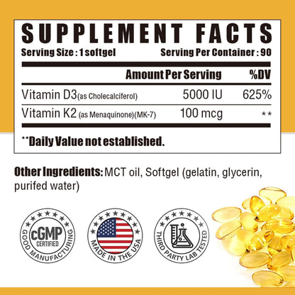 NUTRI POTENTIA Vitamin D3 K2 Supplement with MCT Oil - 5000 IU D3, 100 mcg K2 (MK-7) - Bone and Immune Health Support - 90 Soft gel capsules