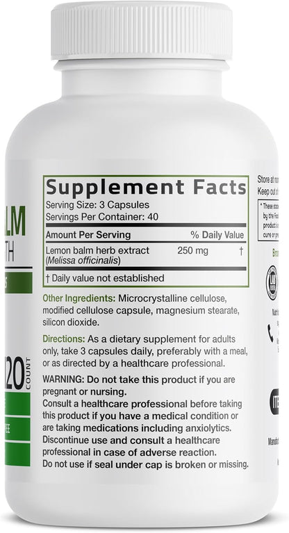 Bronson Melissa Lemon Balm Extra Strength, Non-GMO, 120 Vegetarian Capsules