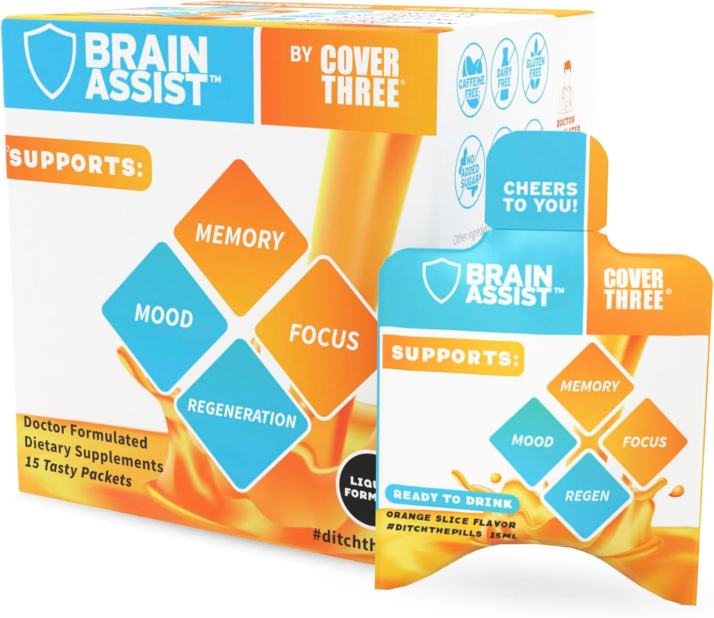 Cover Three Brain Assist Brain Supplement with Curcumin and Uridine - Liquid Focus Formula, Orange Slice Flavour - görsel 1
