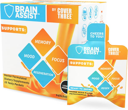 Cover Three Brain Assist Brain Supplement with Curcumin and Uridine - Liquid Focus Formula, Orange Slice Flavour