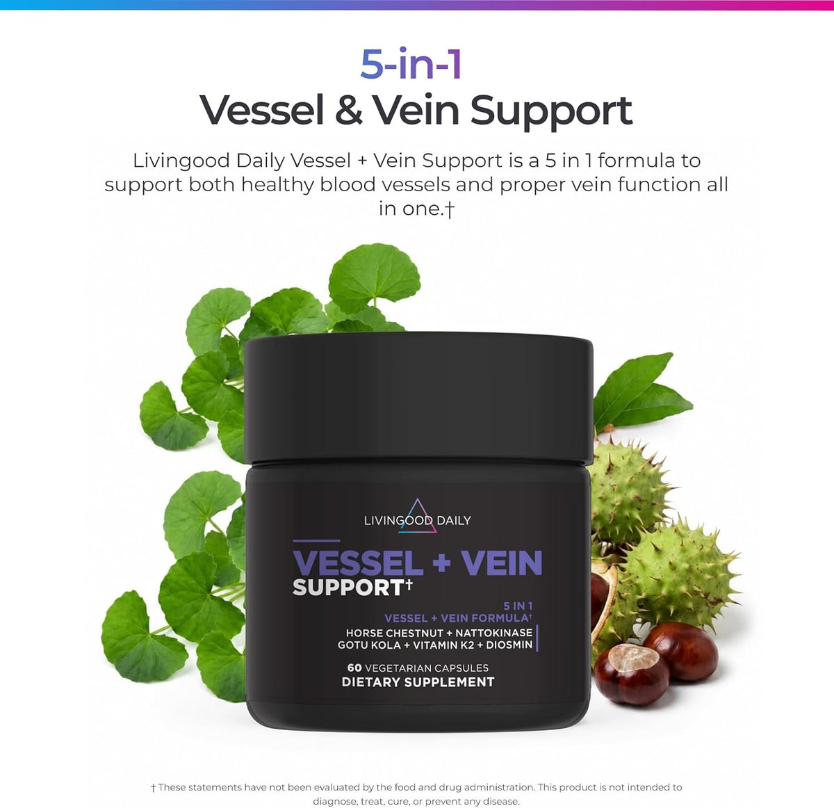 Livingood Daily Vessel & Vein Support - Circulation & Vein Health Supplement with Diosmin, Horse Chestnut, Nattokinase, Gotu Kola & Vitamin K2, Gluten-free, Vegan, 60 Capsules - görsel 2