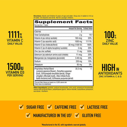 Airborne 1000mg Vitamin C & Zinc Sugar-Free Immune Support Effervescent Tablets, Zesty Orange, 60 Tablets (2 Pack)