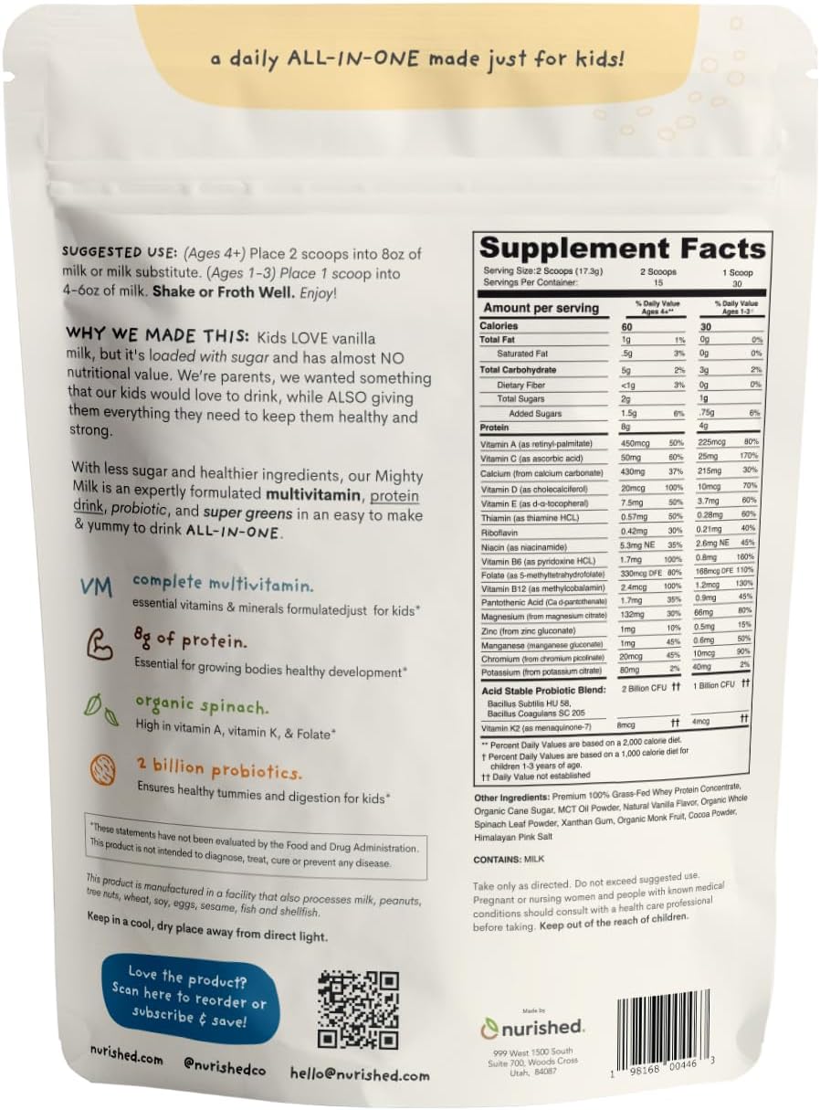 Vanilla Mighty Milk - Children's All-in-One Daily Protein Powder & Multivitamin with 2 Billion Probiotics & Organic Spinach - Natural Flavours, Colours & Sweeteners - 15-30 Servings - görsel 2