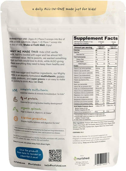 Vanilla Mighty Milk - Children's All-in-One Daily Protein Powder & Multivitamin with 2 Billion Probiotics & Organic Spinach - Natural Flavours, Colours & Sweeteners - 15-30 Servings
