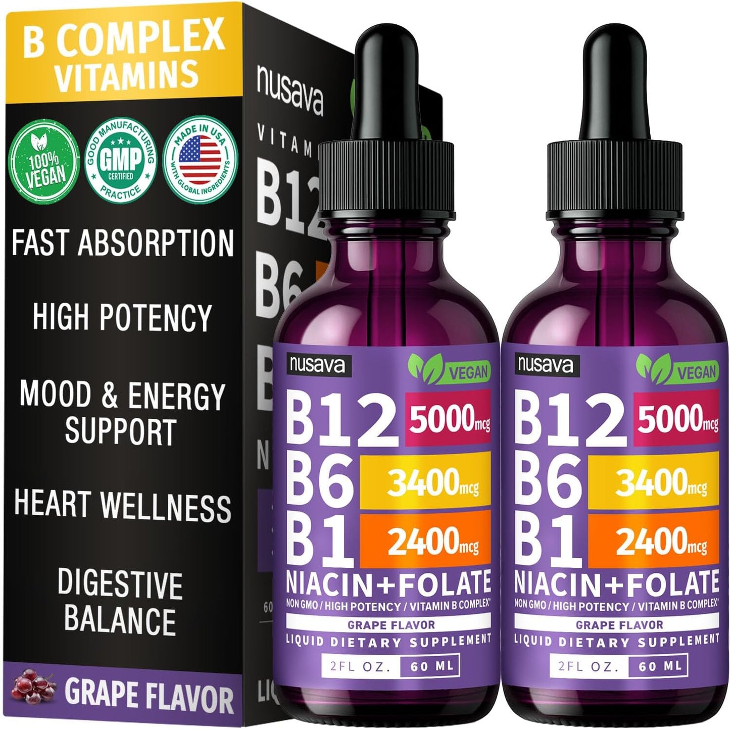 NUSAVA Vitamin B12 Liquid Drops 5000mcg with B6 & B1 - Sublingual Methylcobalamin B Complex, Vegan, Non-GMO, Grape Flavour (2 Pack) - görsel 1