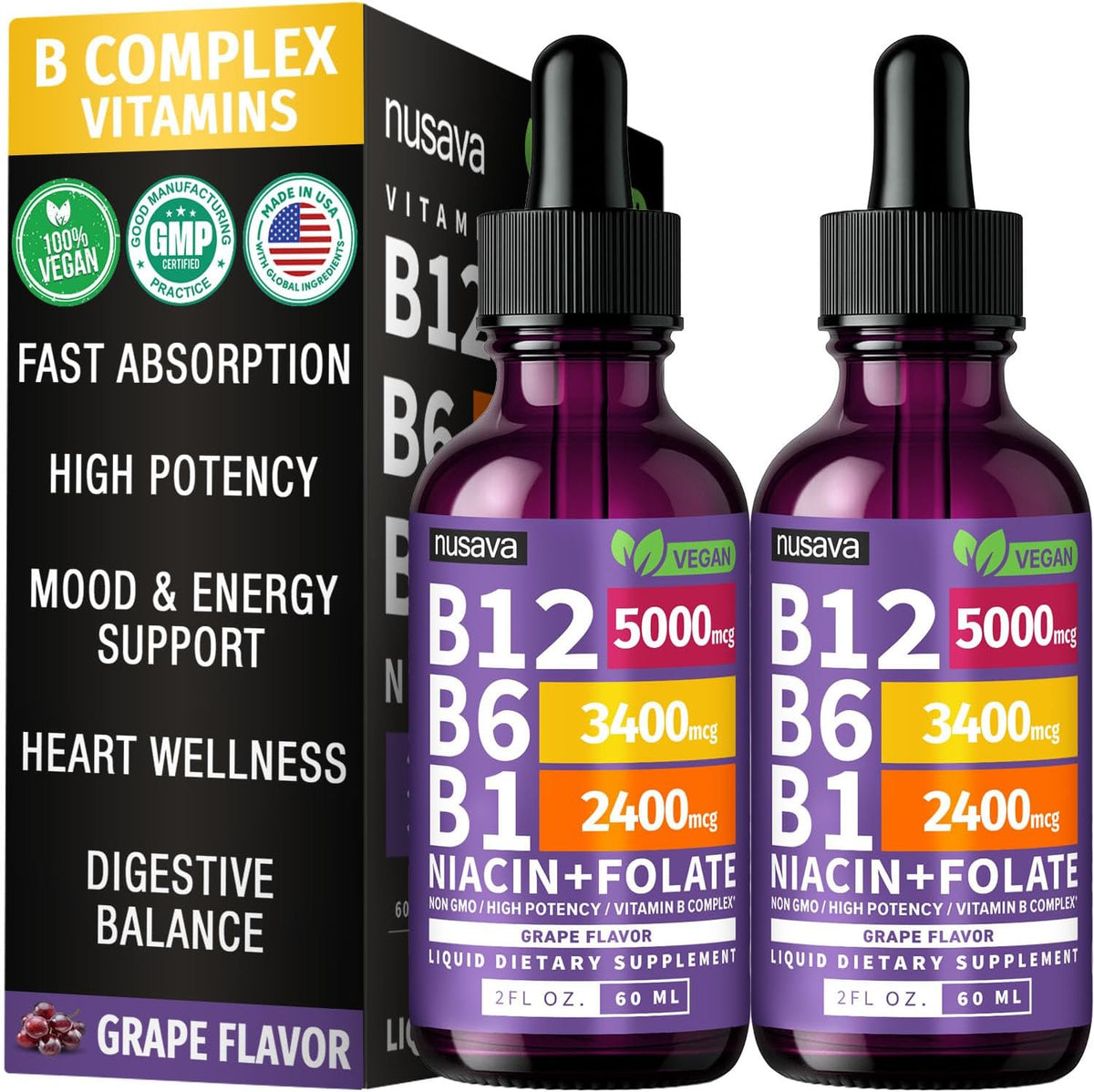 NUSAVA Vitamin B12 Liquid Drops 5000mcg with B6 & B1 - Sublingual Methylcobalamin B Complex, Vegan, Non-GMO, Grape Flavour (2 Pack) - görsel 1