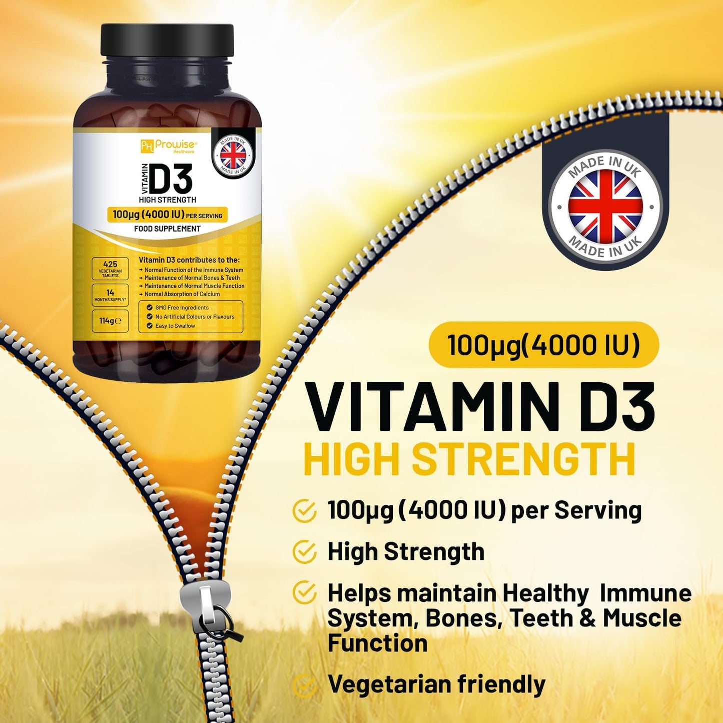 Vitamin D3 4000 IU High Strength - 425 Vegetarian Tablets (14-Month Supply) - Immune & Bone Support - görsel 6