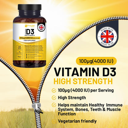Vitamin D3 4000 IU High Strength - 425 Vegetarian Tablets (14-Month Supply) - Immune & Bone Support
